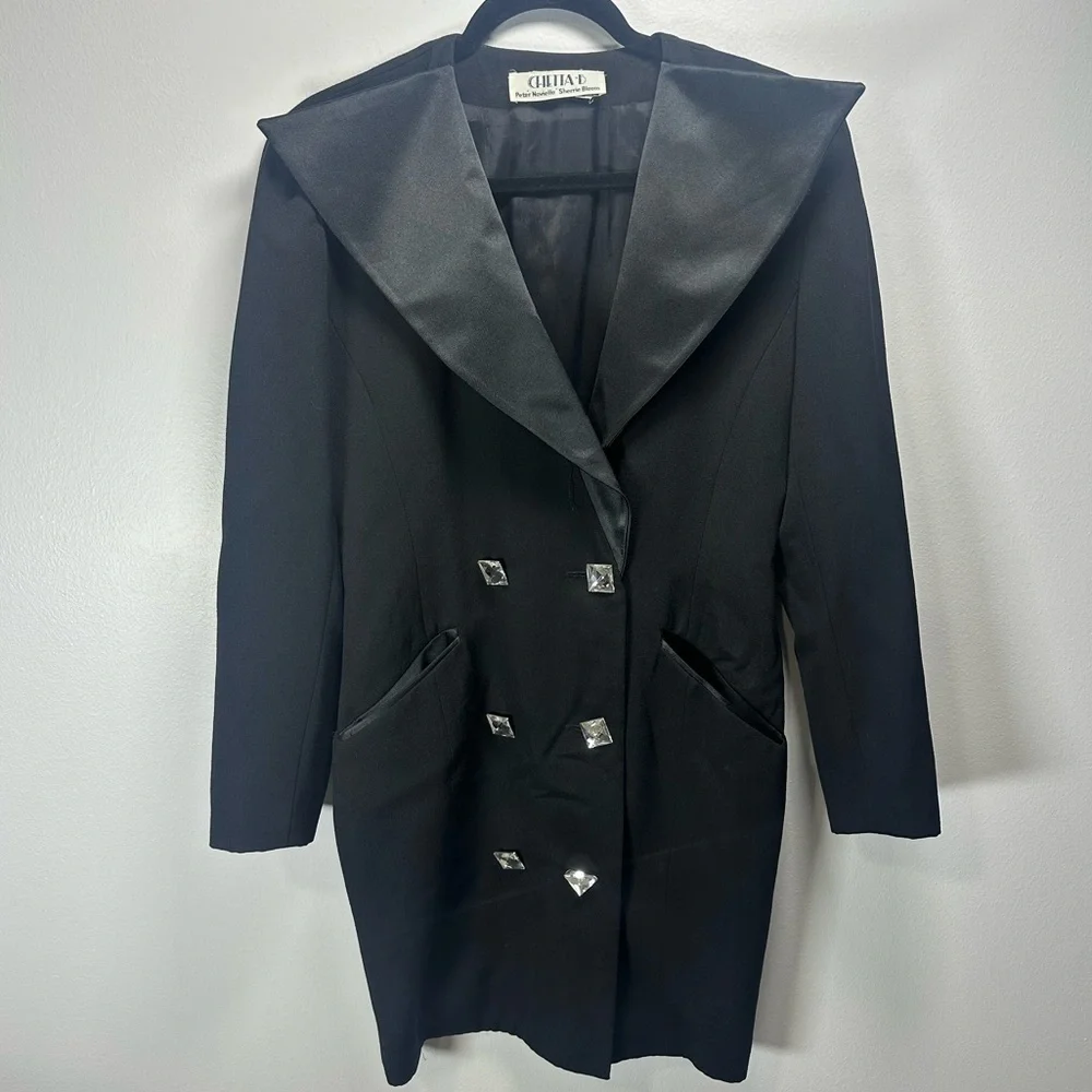 Vintage Chetta B Black Tuxedo style Blazer w Satin Lapel faceted Buttons Medium